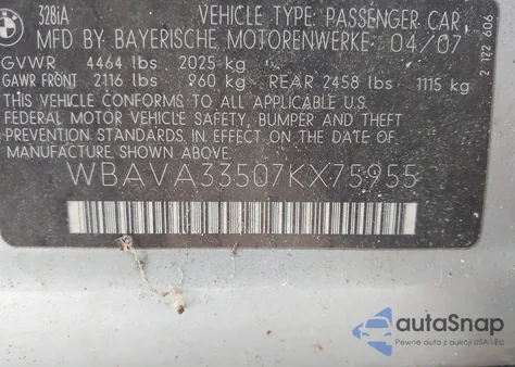 2007 BMW 328I from USA, damaged, VIN WBAVA33507KX75955